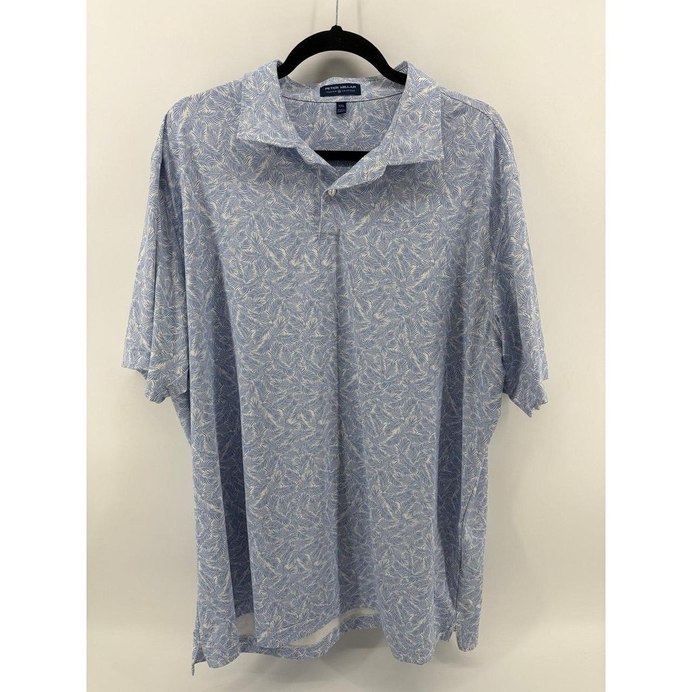 Peter Millar, Tropical Leaf Pattern, White/Blue/ Short Sleeve Polo, Men's XXL